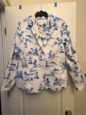 Tommy Bahama White and Blue Tropical Print Cotton Blazer